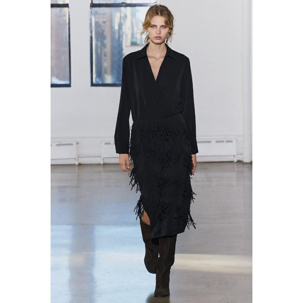 Zara Womens Midi Fringe Dress XS Black Collared Long Sleeve 4786/301 NWT